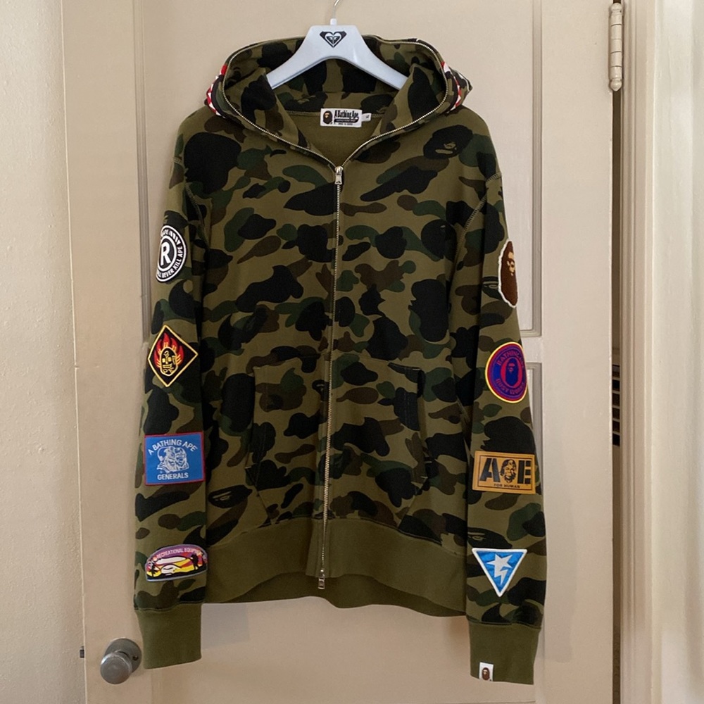 BAPE camo hoodie with patches, mens XL